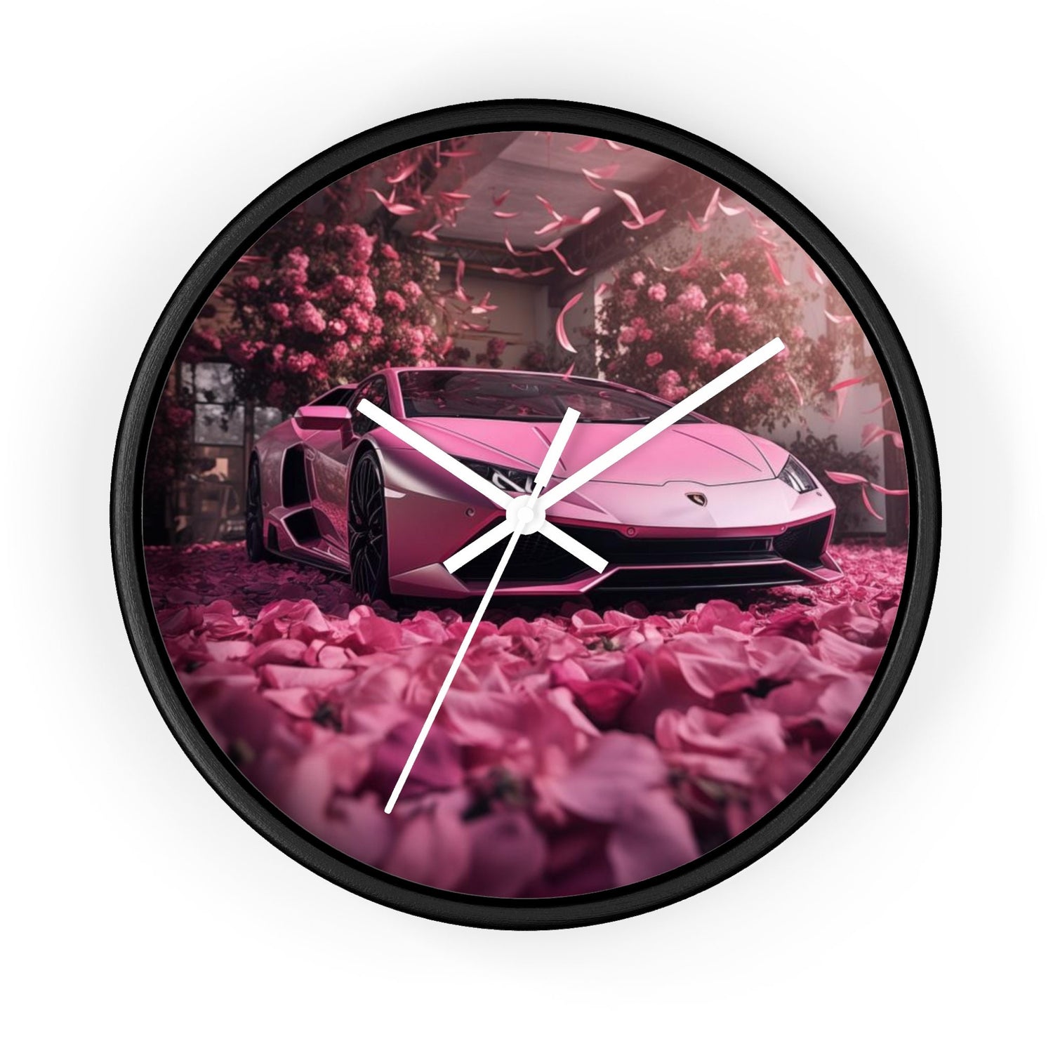 Wall Clock, Pink Lamborghini portrait dorm home room wall art pink rose petals sweet 16 quinceañera Bday gift for luxury exotic car lover