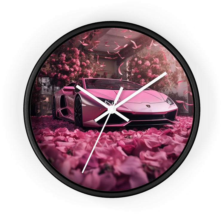 Wall Clock, Pink Lamborghini portrait dorm home room wall art pink rose petals sweet 16 quinceañera Bday gift for luxury exotic car lover