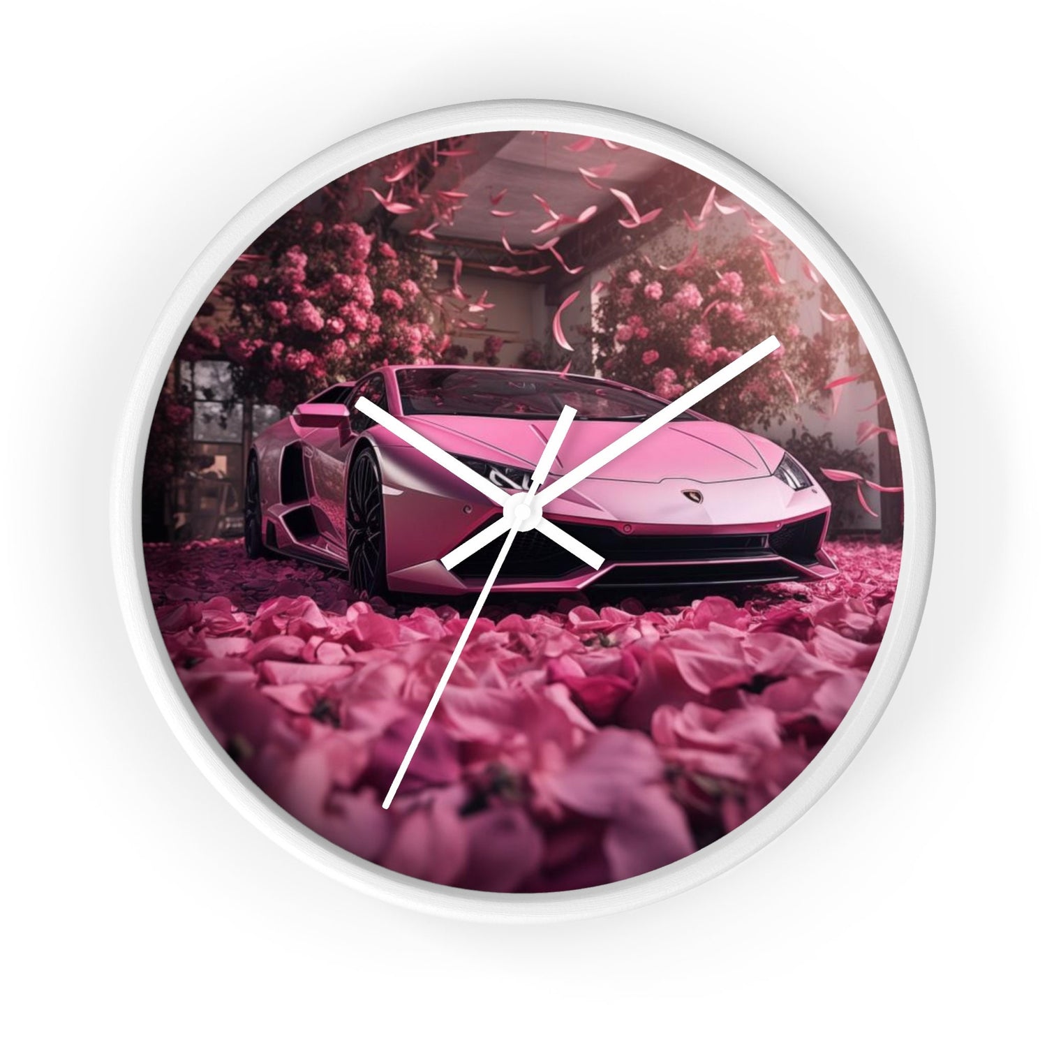 Wall Clock, Pink Lamborghini portrait dorm home room wall art pink rose petals sweet 16 quinceañera Bday gift for luxury exotic car lover