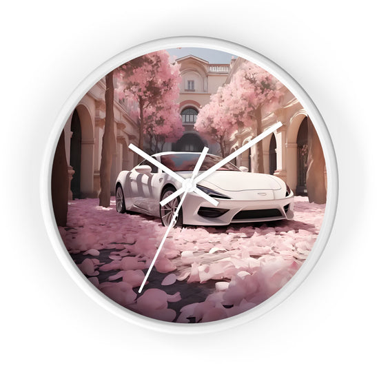 Wall Clock, White Lamborghini modern day exotic car portrait home room soft pink rose petal wall art decor designer Gift
