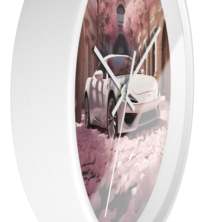 Wall Clock, White Lamborghini modern day exotic car portrait home room soft pink rose petal wall art decor designer Gift