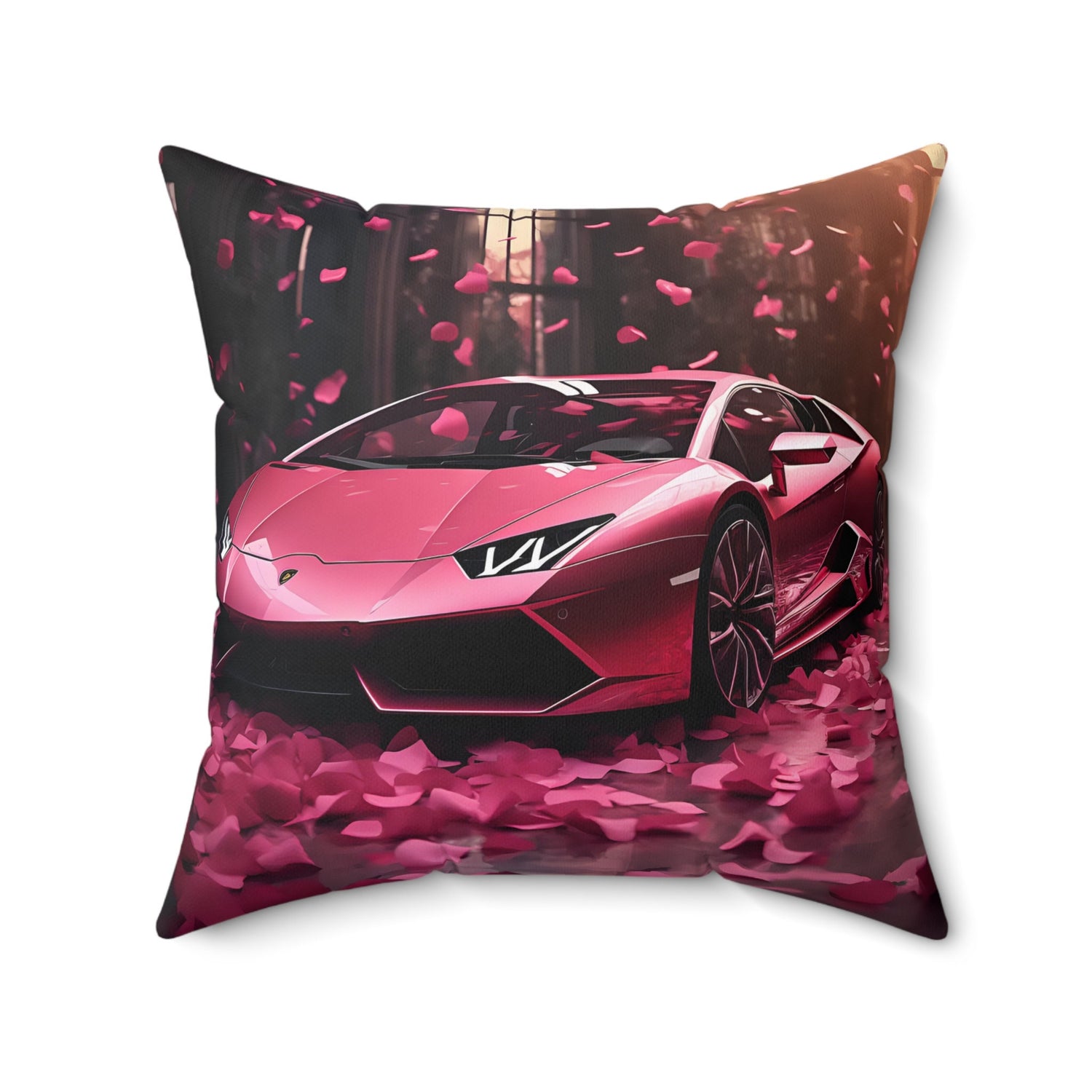Spun Polyester Square Pillow, Hot pink Lamborghini art couch modern bedroom valentines decor stylish throw pillow