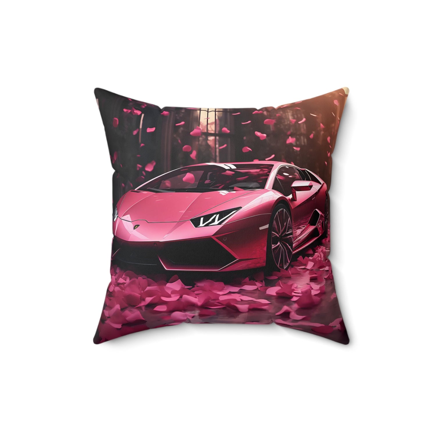 Spun Polyester Square Pillow, Hot pink Lamborghini art couch modern bedroom valentines decor stylish throw pillow
