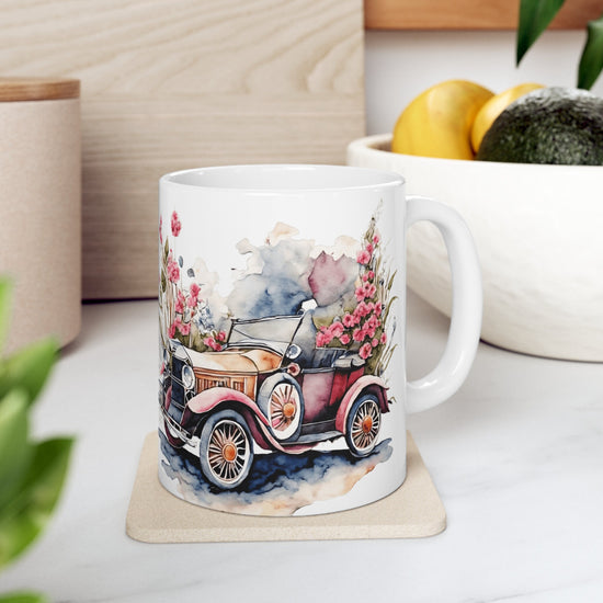 Taza de cerámica de 325 ml, taza vintage con diseño de coche rosa, bonita taza con flores, taza clásica rosa para madres, taza con flores de San Valentín, regalo para mamás.