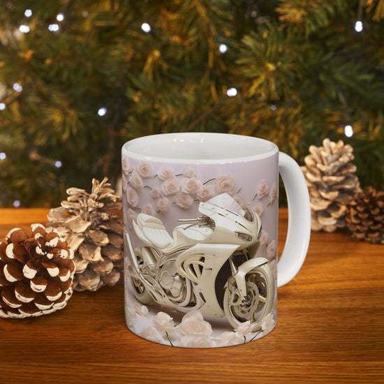 Ceramic Mug 11oz, Fancy Motorcycle pastel floral design  fast bike lover coffee hot tea beverage cup great gift for her
