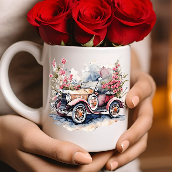 Taza de cerámica de 325 ml, taza vintage con diseño de coche rosa, bonita taza con flores, taza clásica rosa para madres, taza con flores de San Valentín, regalo para mamás.