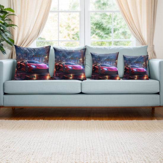 Spun Polyester Square Pillow, personalized red Lamborghini designer modern home living area teen room throw accent pillow