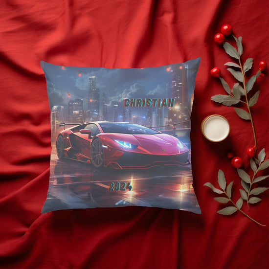 Spun Polyester Square Pillow, personalized red Lamborghini designer modern home living area teen room throw accent pillow