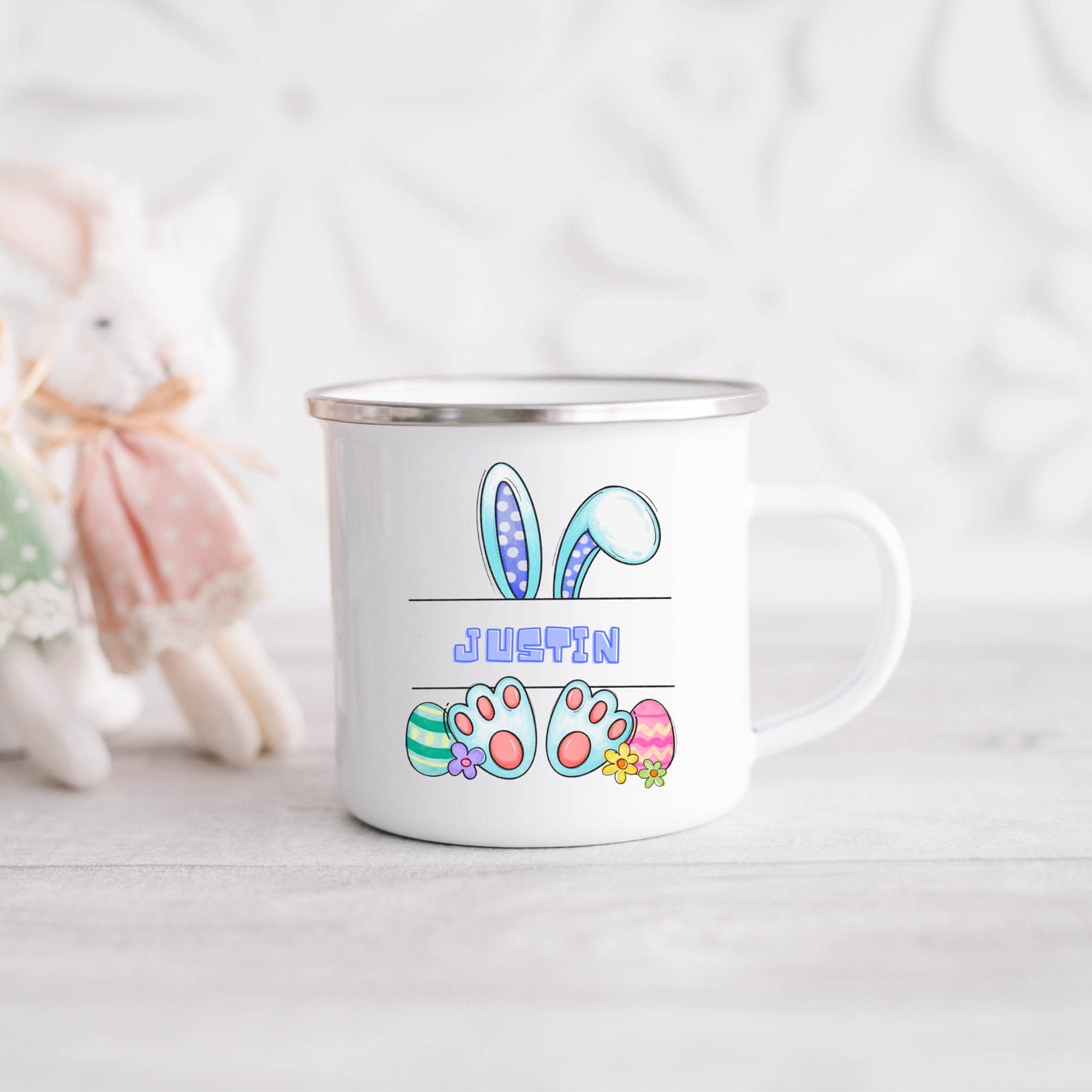 Enamel Camping Mug (A), Personalized Easter Mug, Child juice cup, Colorful Bunny Spring Mug, Kid Juice and Milk Cup