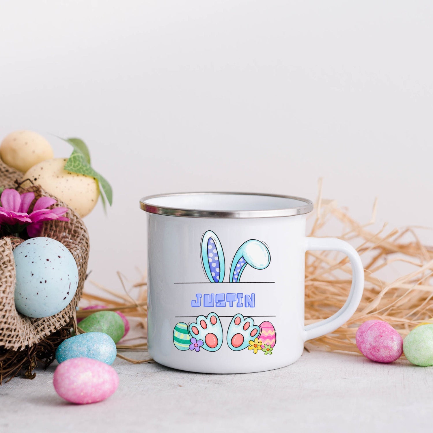 Enamel Camping Mug (A), Personalized Easter Mug, Child juice cup, Colorful Bunny Spring Mug, Kid Juice and Milk Cup