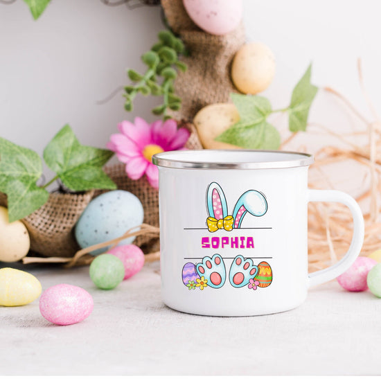 Enamel Camping Mug (A), Personalized Easter Mug, Child juice cup, Colorful Bunny Spring Mug, Kid Juice and Milk Cup