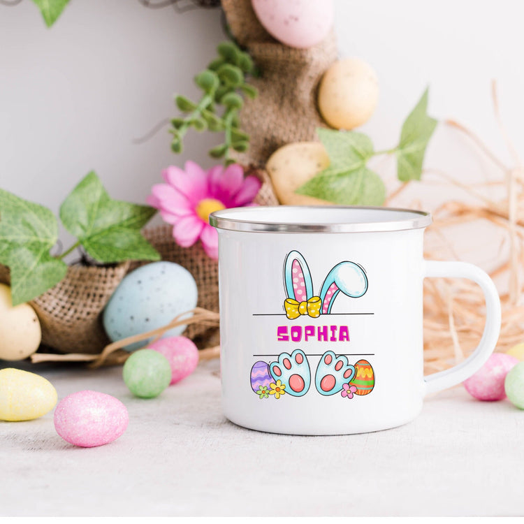 Enamel Camping Mug (A), Personalized Easter Mug, Child juice cup, Colorful Bunny Spring Mug, Kid Juice and Milk Cup