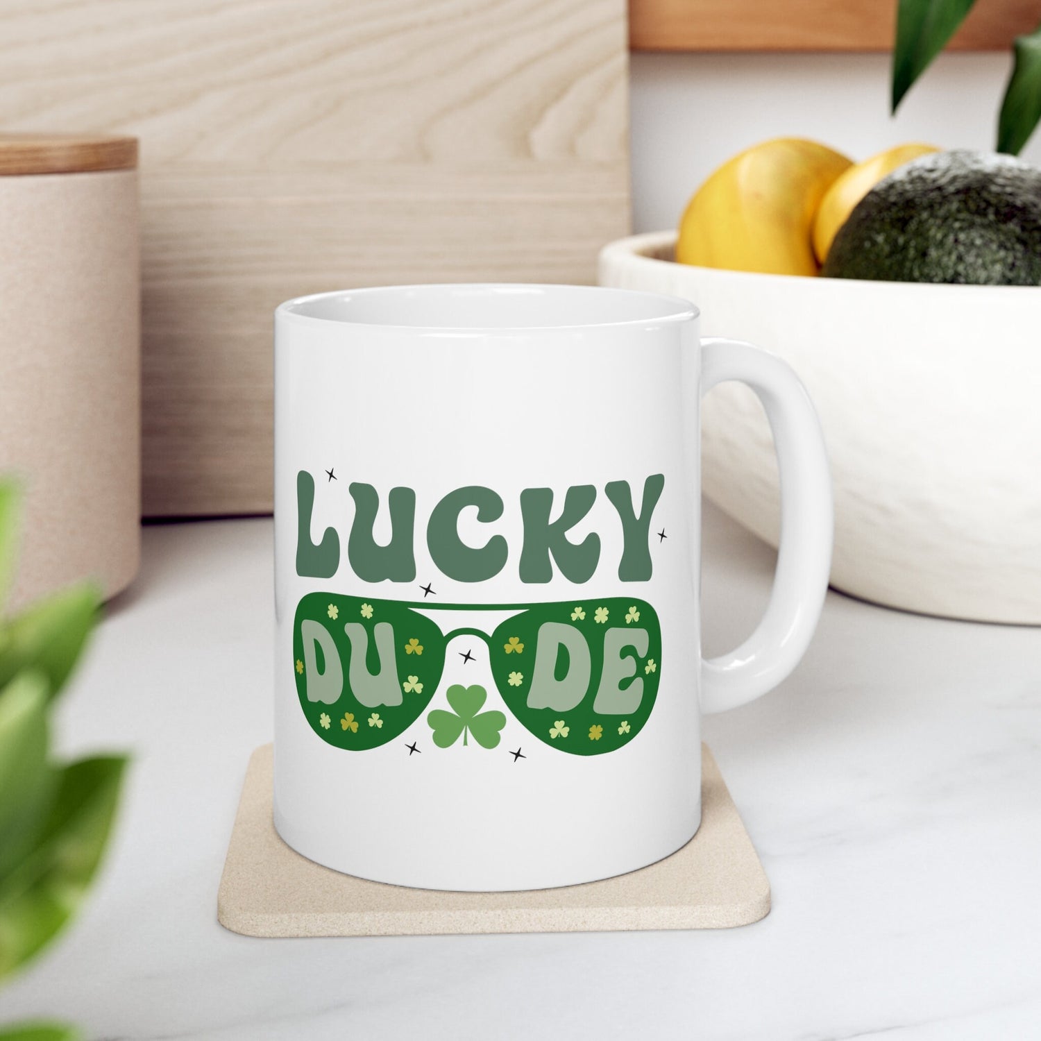 Ceramic Mug 11oz, Lucky Dude St Pattys Day Mug, Green Clover Coffee Mug, Shamrock Lucky Male Mug, Festive Holiday Cup