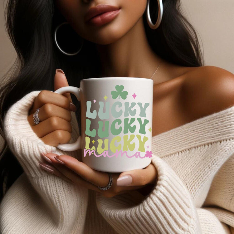 Ceramic Mug 11oz, Lucky Mama Coffee Mug, St. Patricks Day Mug, Festive Coffee Tea Mug, Gift for Mama, Shamrock Design mug