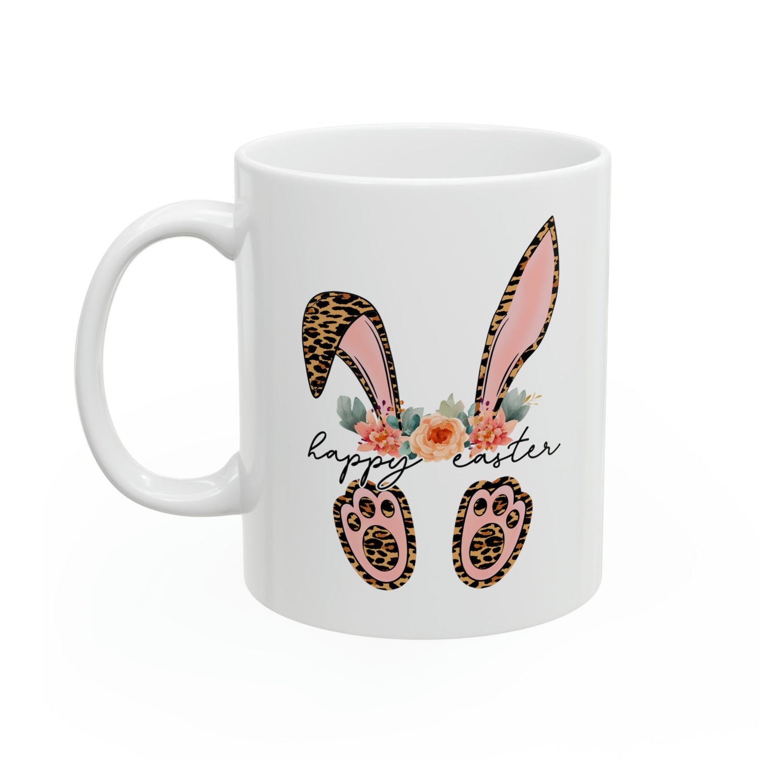 Ceramic Mug, 11oz, Happy Easter Coffee Mug, Bunny ears springtime mug, decorative Easter time items, Friendship gift