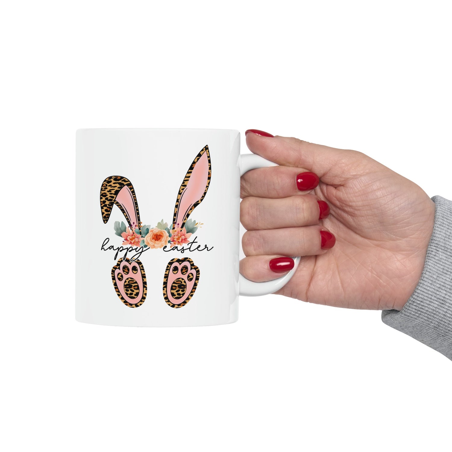 Ceramic Mug, 11oz, Happy Easter Coffee Mug, Bunny ears springtime mug, decorative Easter time items, Friendship gift