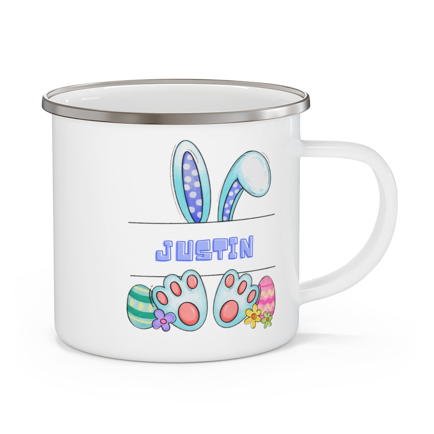 Enamel Camping Mug (A), Personalized Easter Mug, Child juice cup, Colorful Bunny Spring Mug, Kid Juice and Milk Cup