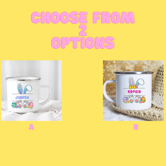 Enamel Camping Mug (A), Personalized Easter Mug, Child juice cup, Colorful Bunny Spring Mug, Kid Juice and Milk Cup