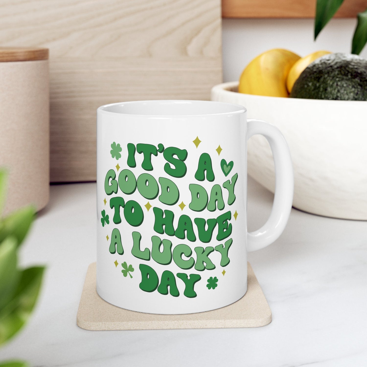 Ceramic Mug 11oz, Lucky Day Coffee Mug, St Pattys Day Mug, Green Clovers, Positive Kitchenware, Good Day Festive Decor