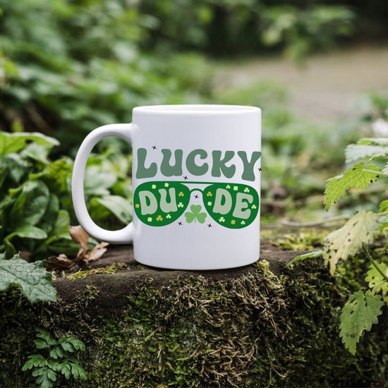 Ceramic Mug 11oz, Lucky Dude St Pattys Day Mug, Green Clover Coffee Mug, Shamrock Lucky Male Mug, Festive Holiday Cup