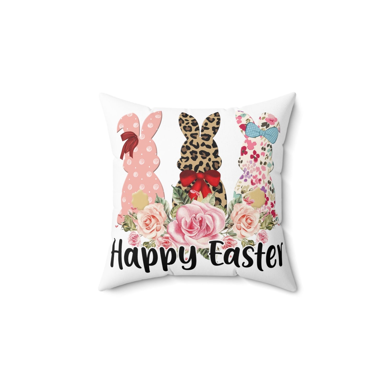 Spun Polyester Square Pillow, Happy Easter Throw Pillow, Spring Bunnies designer pillow, Flower LeopardAccent Pillow,