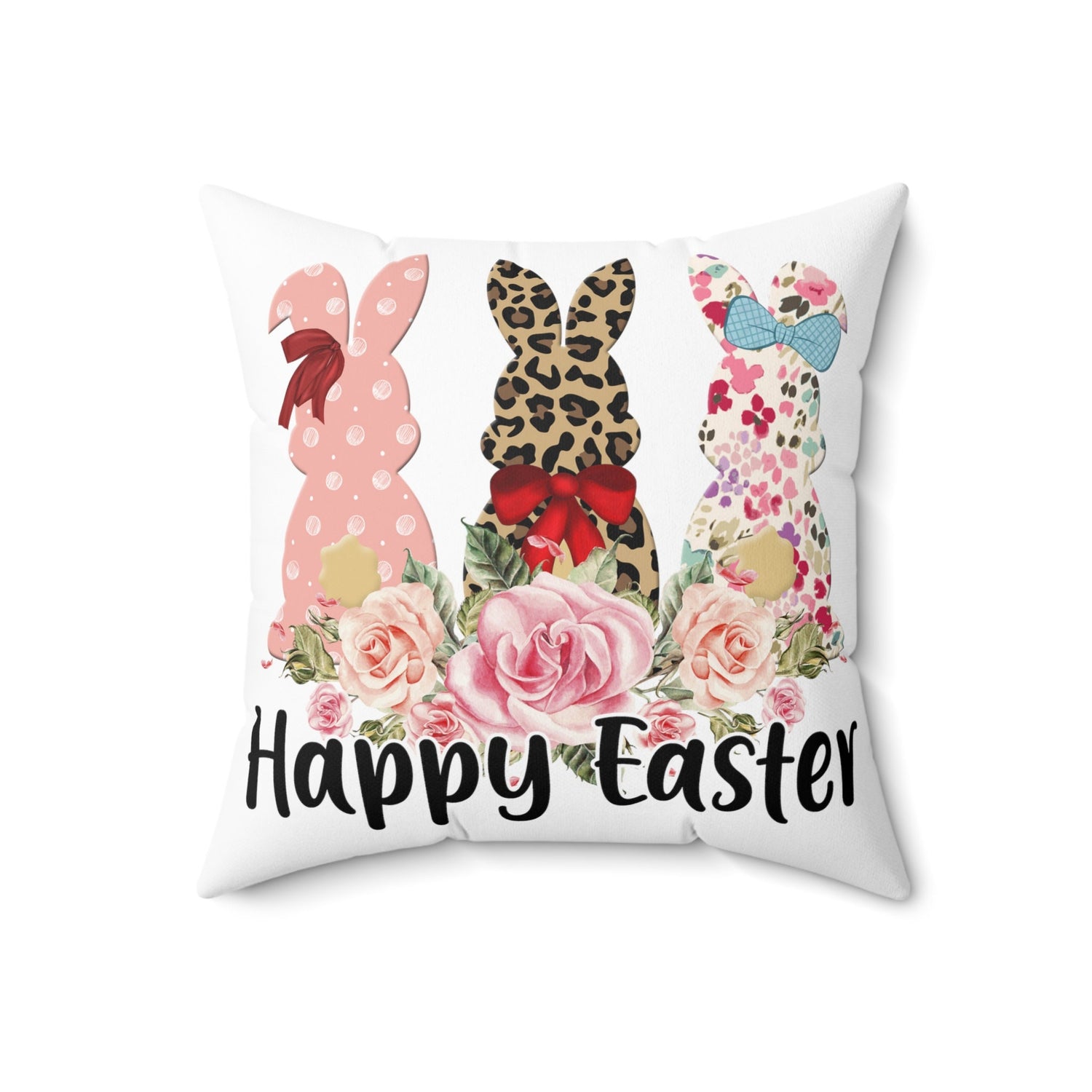 Spun Polyester Square Pillow, Happy Easter Throw Pillow, Spring Bunnies designer pillow, Flower LeopardAccent Pillow,