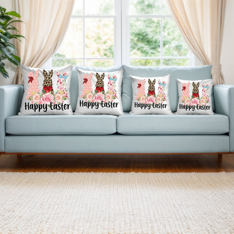 Spun Polyester Square Pillow, Happy Easter Throw Pillow, Spring Bunnies designer pillow, Flower LeopardAccent Pillow,