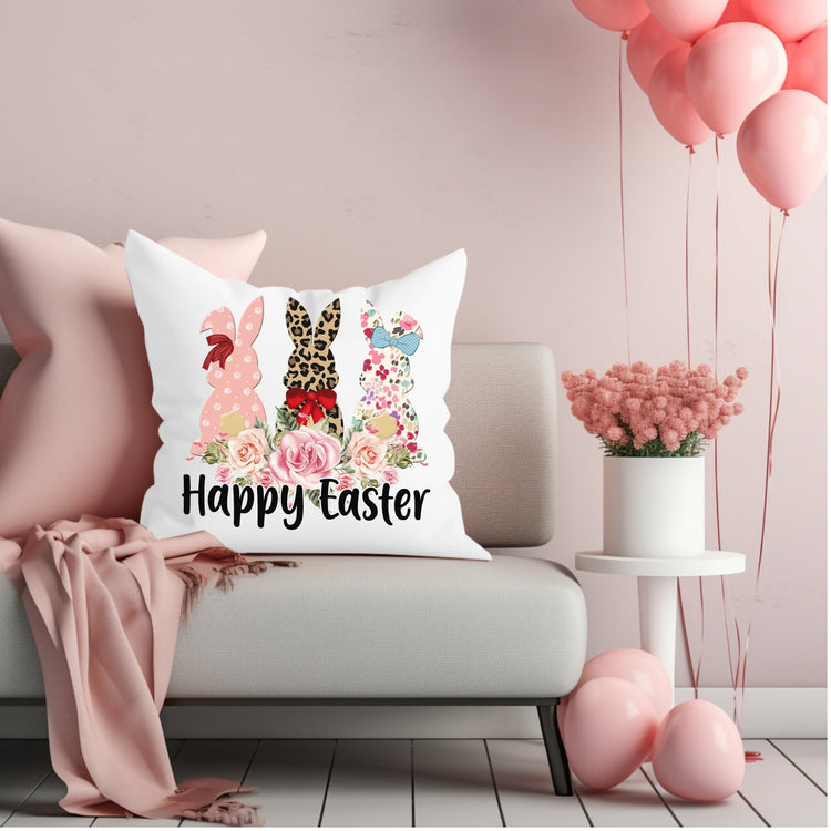 Spun Polyester Square Pillow, Happy Easter Throw Pillow, Spring Bunnies designer pillow, Flower LeopardAccent Pillow,