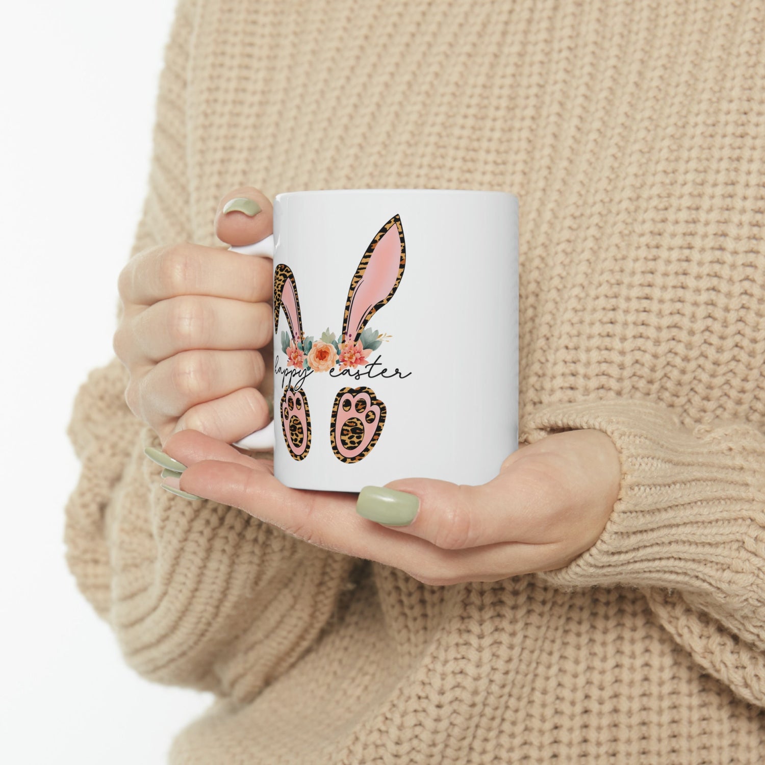 Ceramic Mug, 11oz, Happy Easter Coffee Mug, Bunny ears springtime mug, decorative Easter time items, Friendship gift