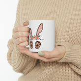 Ceramic Mug, 11oz, Happy Easter Coffee Mug, Bunny ears springtime mug, decorative Easter time items, Friendship gift