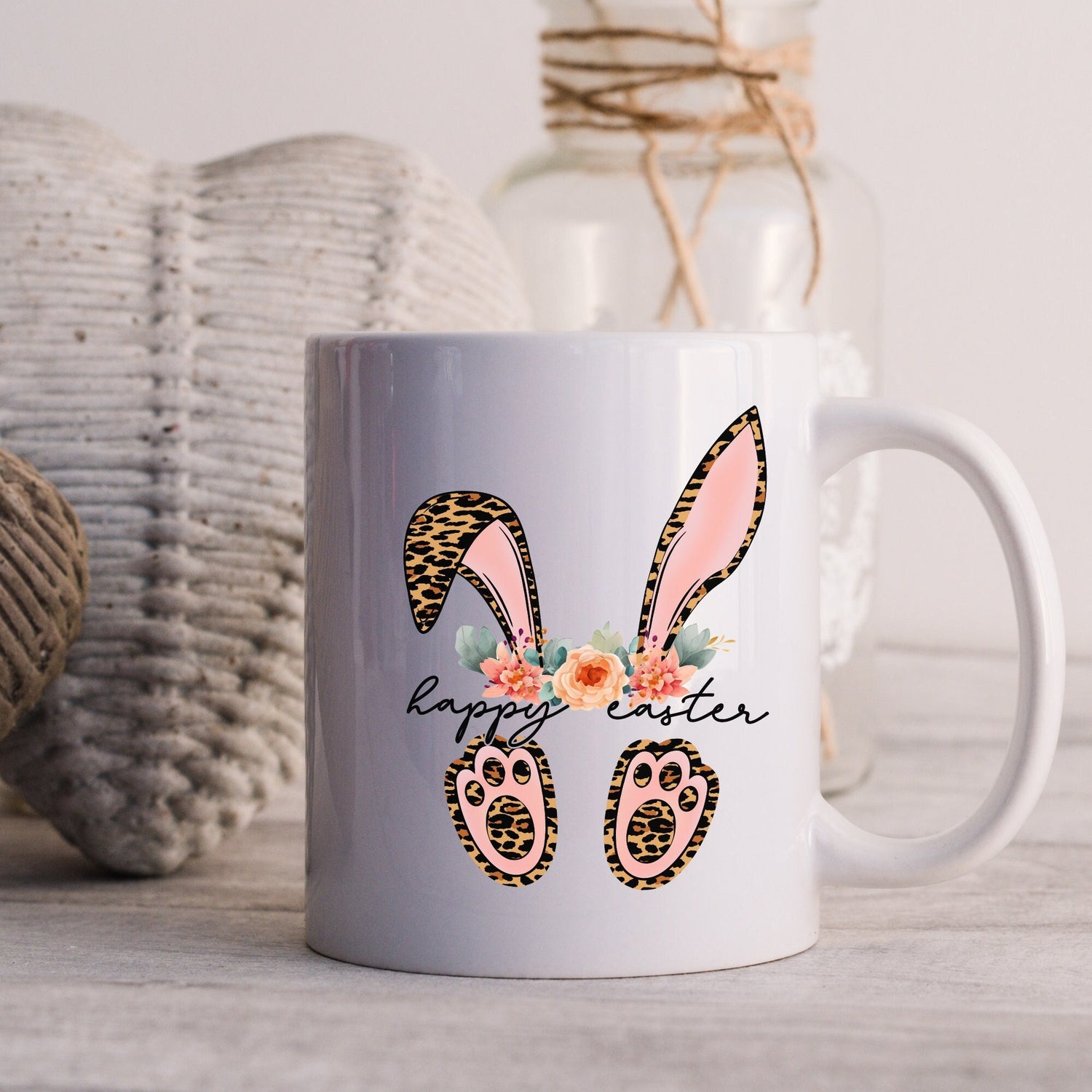 Ceramic Mug, 11oz, Happy Easter Coffee Mug, Bunny ears springtime mug, decorative Easter time items, Friendship gift