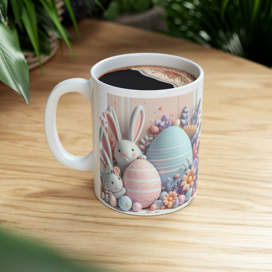 Ceramic Mug, 11oz, Pastel Easter Mug, 3D Bunny eggs coffee mug, adorable springtime designs, artistic easter gift