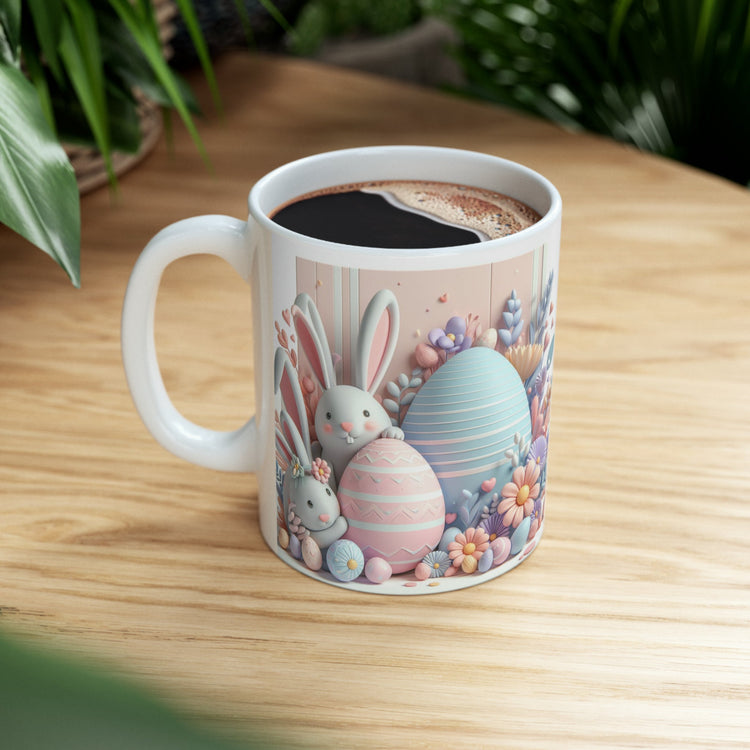 Ceramic Mug, 11oz, Pastel Easter Mug, 3D Bunny eggs coffee mug, adorable springtime designs, artistic easter gift
