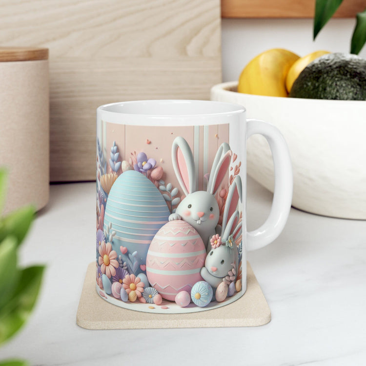 Ceramic Mug, 11oz, Pastel Easter Mug, 3D Bunny eggs coffee mug, adorable springtime designs, artistic easter gift