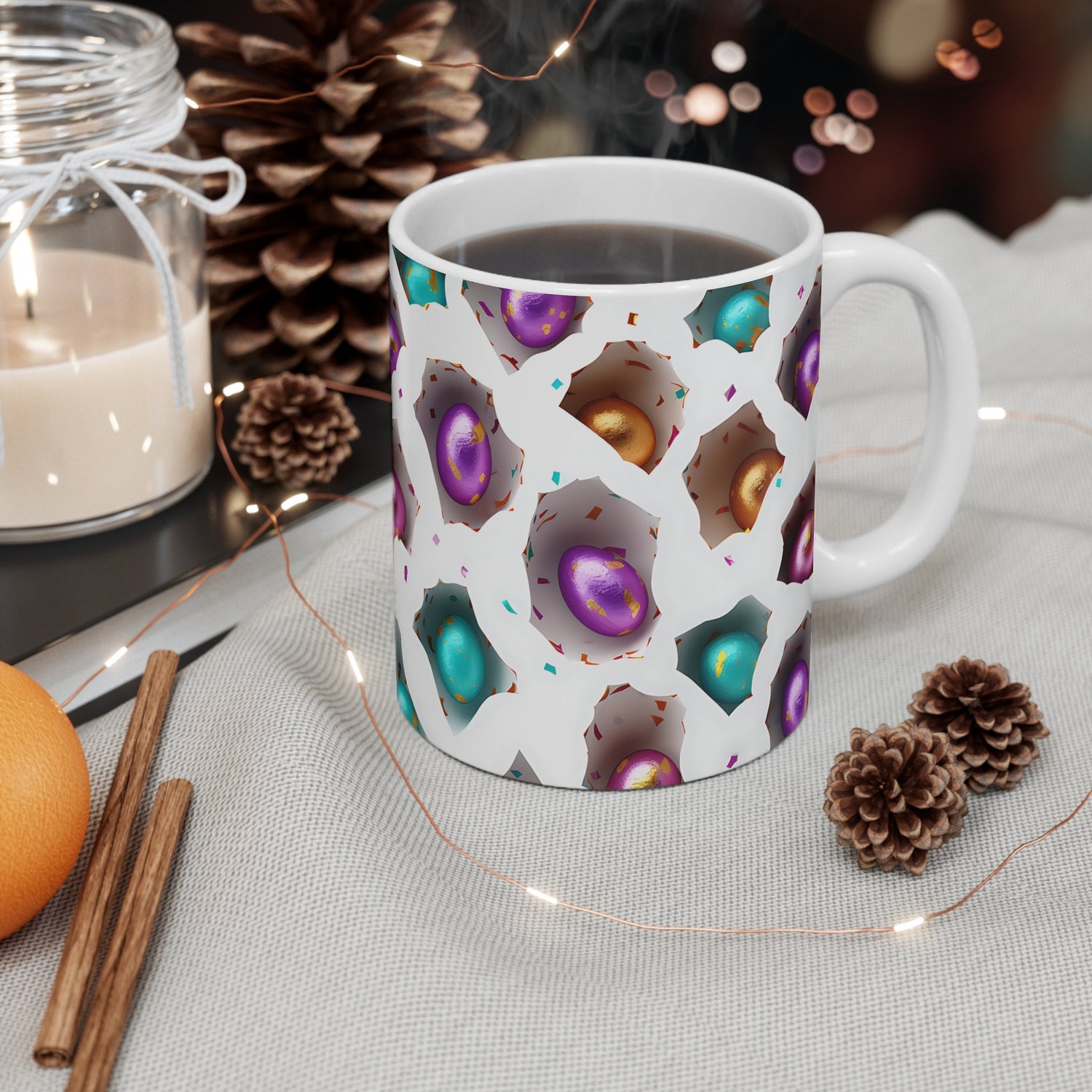 Mug 11oz, Easter Egg Coffee Mug, Colorful 3D Mug, Festive Coffee and Tea Cup, Smooth and Glossy Bunny Day Mug, Sunday Holiday Mug