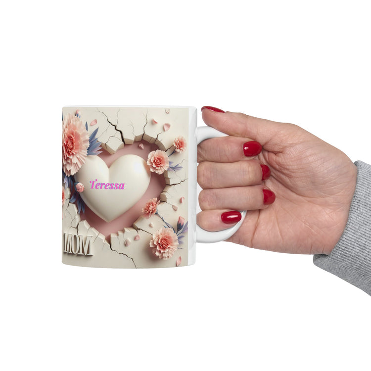 Ceramic Mug, 11oz, Personalized 3D Mom Mug, Pretty Pink Carnation Coffee Mug, Special Mothers Day Mug, Thoughtful Mom Gift