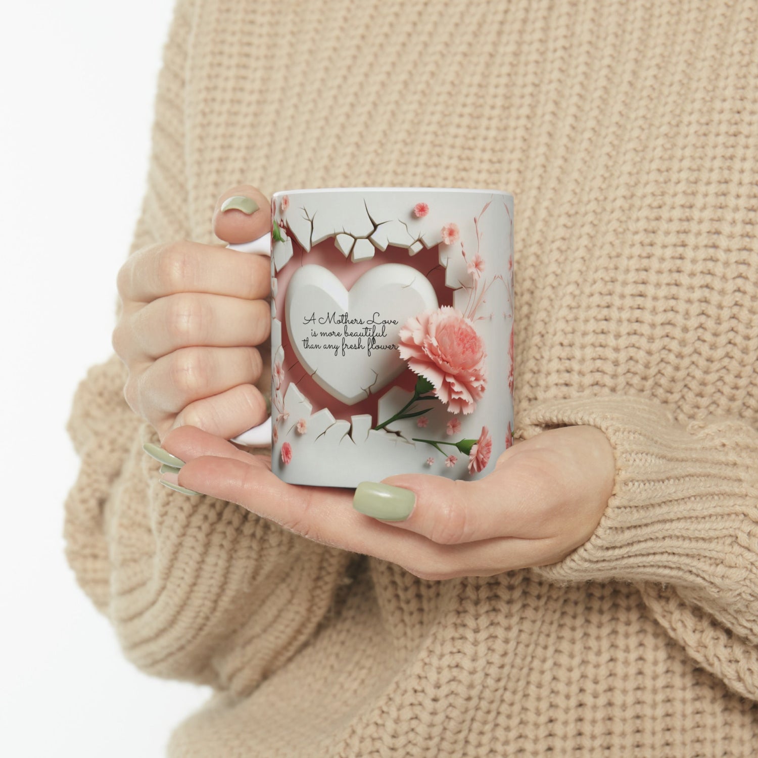 Ceramic Mug, 11oz, beautiful 3D Mothers Day Mug, Carnation pink coffee mug, Stylish Modern mug for Mom, great Mother&