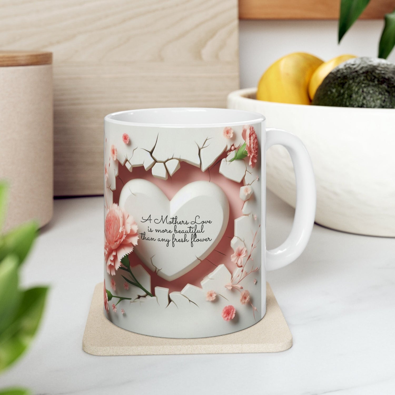 Ceramic Mug, 11oz, beautiful 3D Mothers Day Mug, Carnation pink coffee mug, Stylish Modern mug for Mom, great Mother&