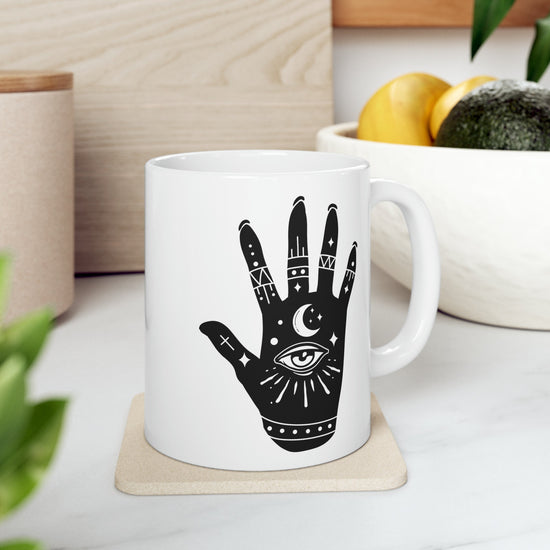 Celestial Ceramic Mug 11oz | Moon on Hand Astrological Design | Mystical & Lucky Coffee Tea Cup | Psychic Kitchen Mug | Celestial Coffee Mug