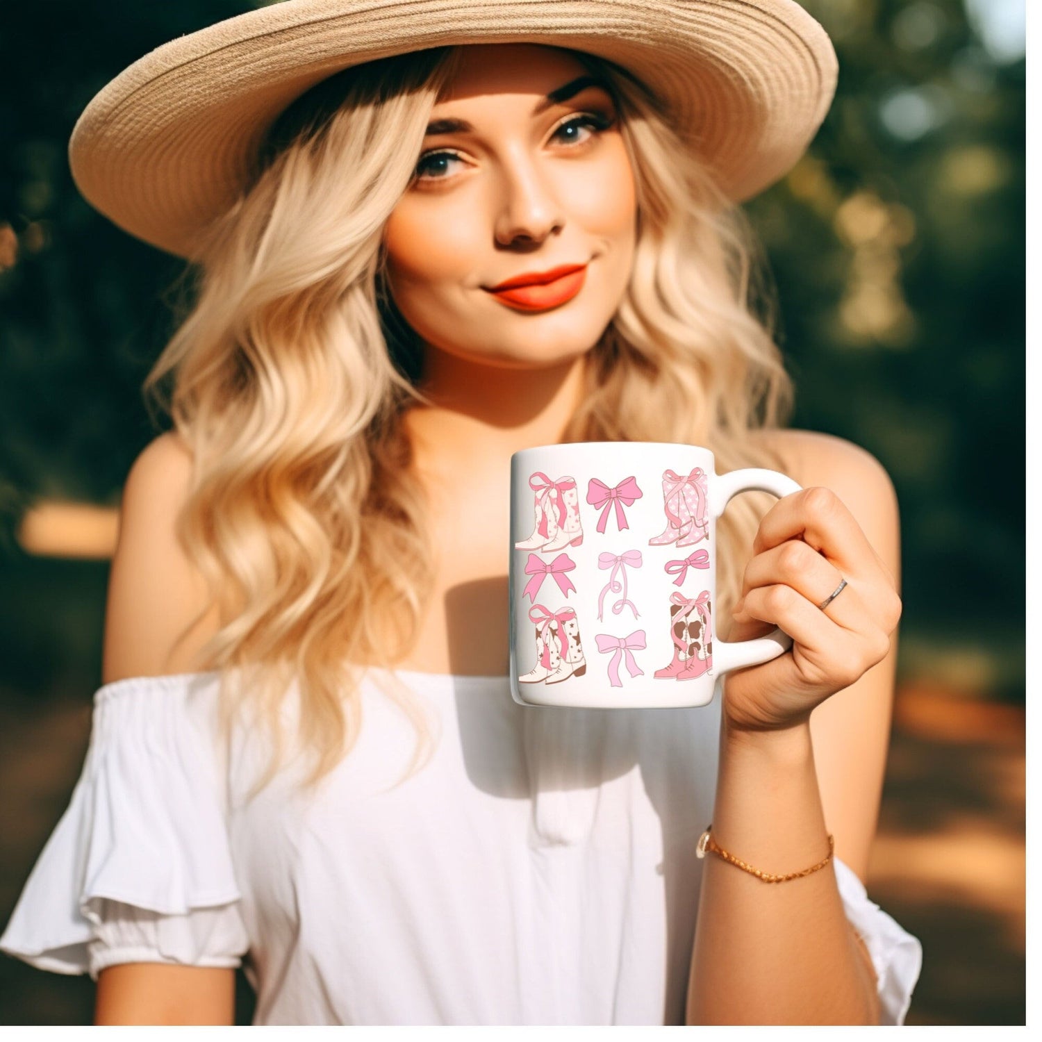 Ceramic Mug, 11oz pink ribbon Cowboy country style design pretty girl pink fashion coffee tea beverage cup