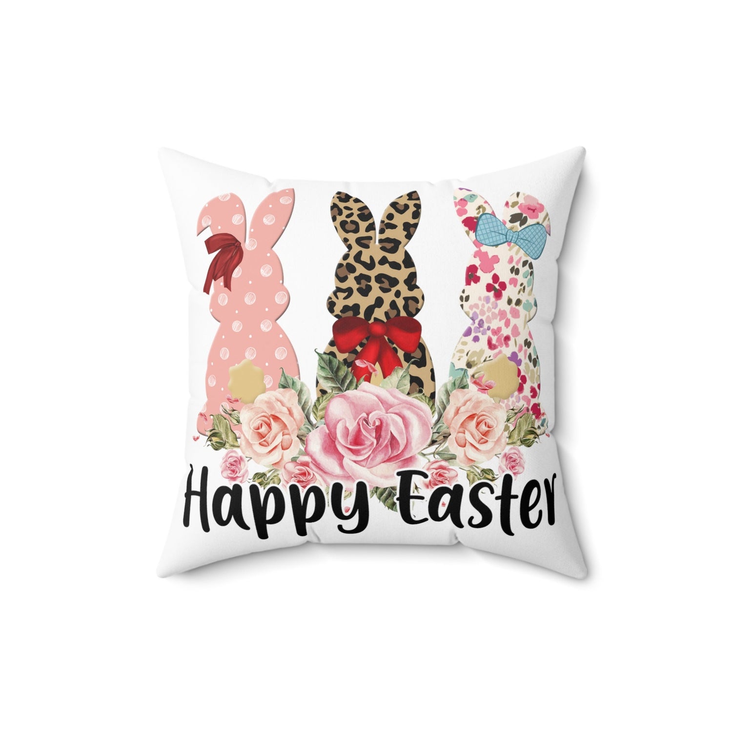 Spun Polyester Square Pillow, Happy Easter Throw Pillow, Spring Bunnies designer pillow, Flower LeopardAccent Pillow,