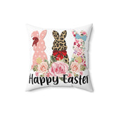 Spun Polyester Square Pillow, Happy Easter Throw Pillow, Spring Bunnies designer pillow, Flower LeopardAccent Pillow,