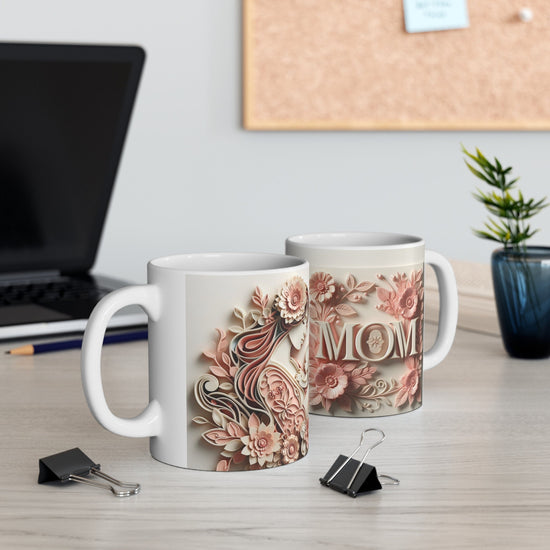 Ceramic Mug, 11oz, Beautiful Mother baby design coffee pastel flower two sided Mom 3D design coffee mug