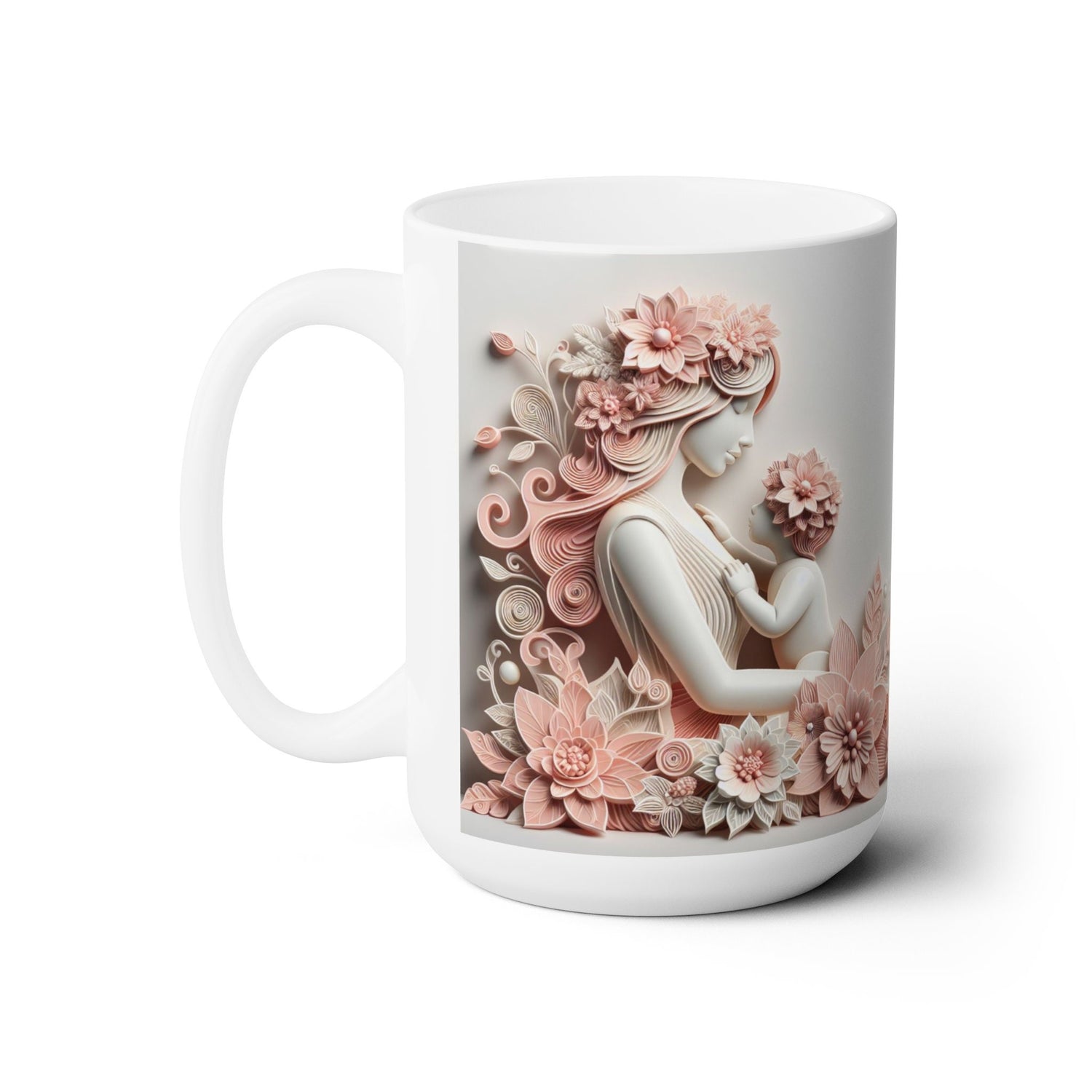 Ceramic Mug 15oz, Mother child large pink white floral everyday mom daughter beverage unique special gift cup