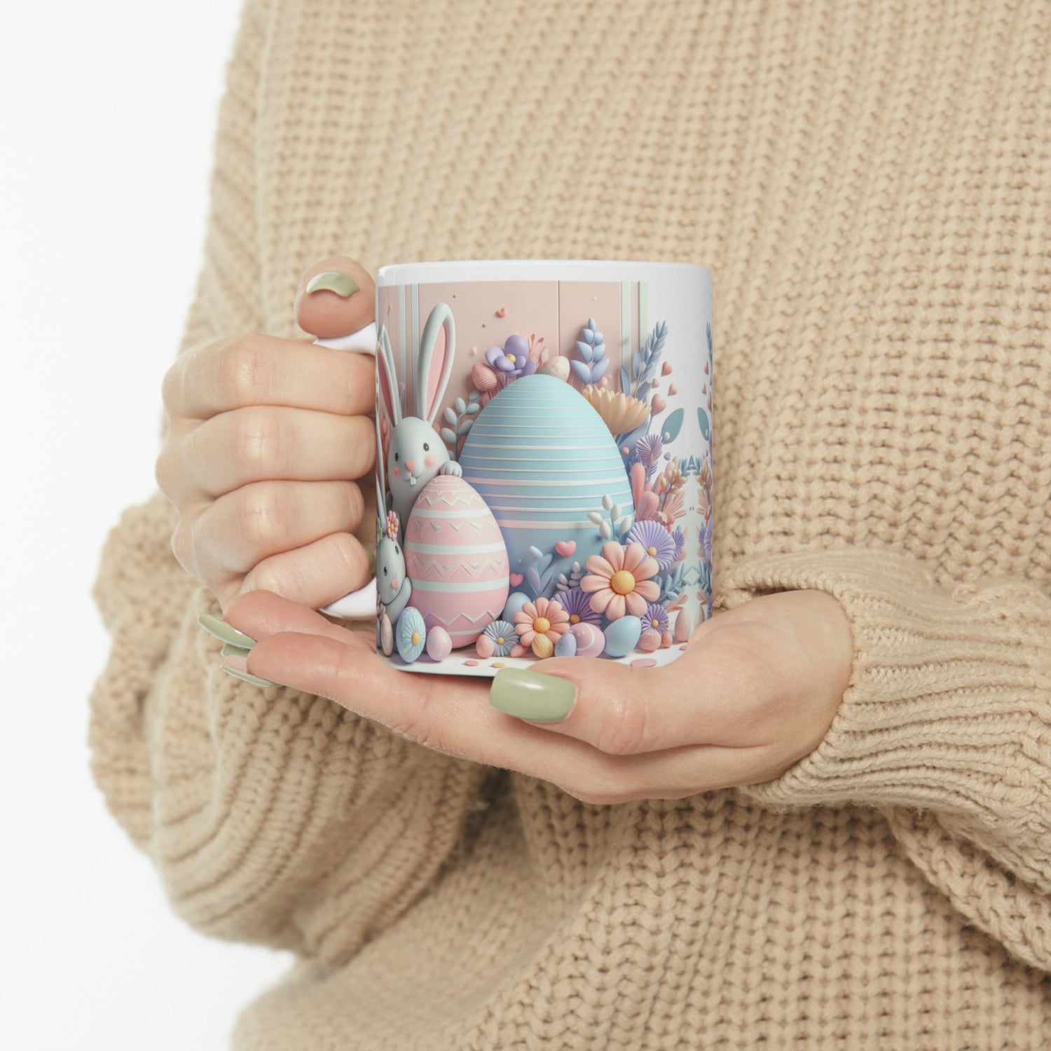 Ceramic Mug, 11oz, Pastel Easter Mug, 3D Bunny eggs coffee mug, adorable springtime designs, artistic easter gift