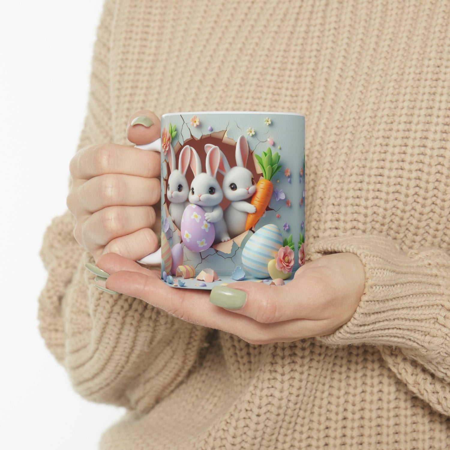 Ceramic Mug, 11oz, 3D Bunny Easter Mug, Decorative Spring tea cup, Easter Holiday Design, adorable Mom gift, Kitchen decor
