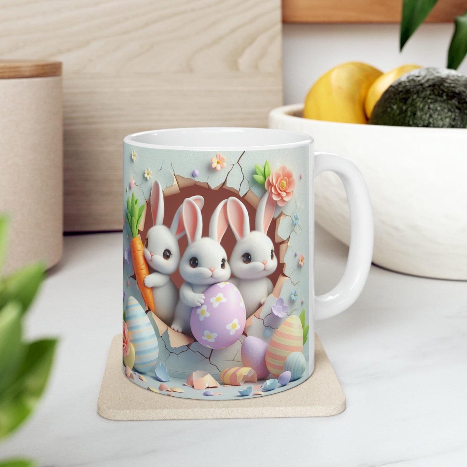 Ceramic Mug, 11oz, 3D Bunny Easter Mug, Decorative Spring tea cup, Easter Holiday Design, adorable Mom gift, Kitchen decor