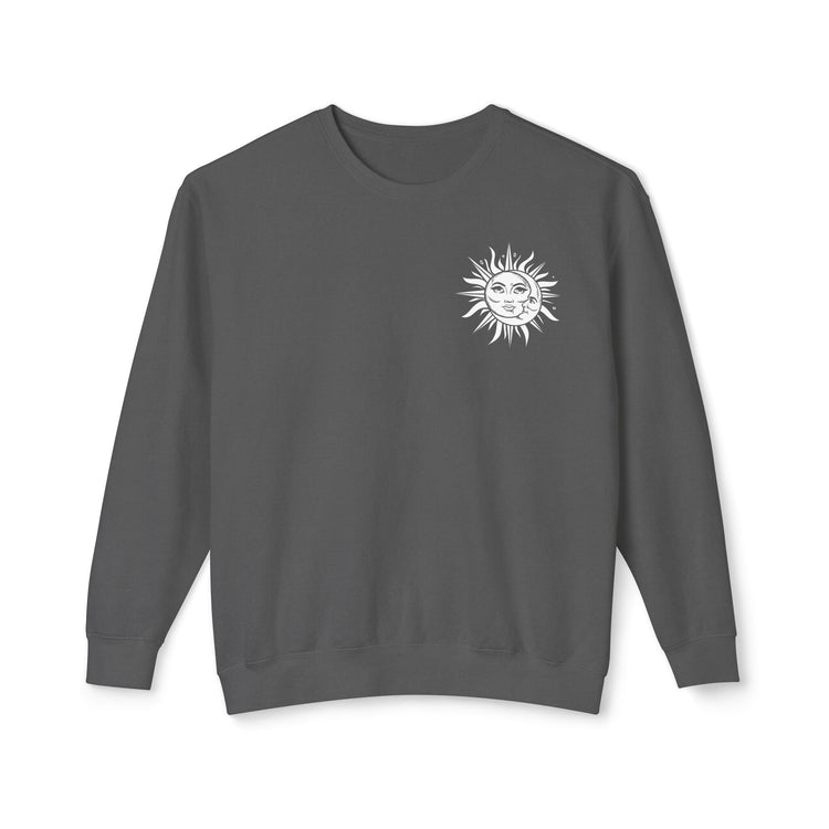 Unisex Lightweight Crewneck Sweatshirt, Sun Moon Tarot soft cozy casual everyday jeans celestial psychic realm inspired jean sweatshirt