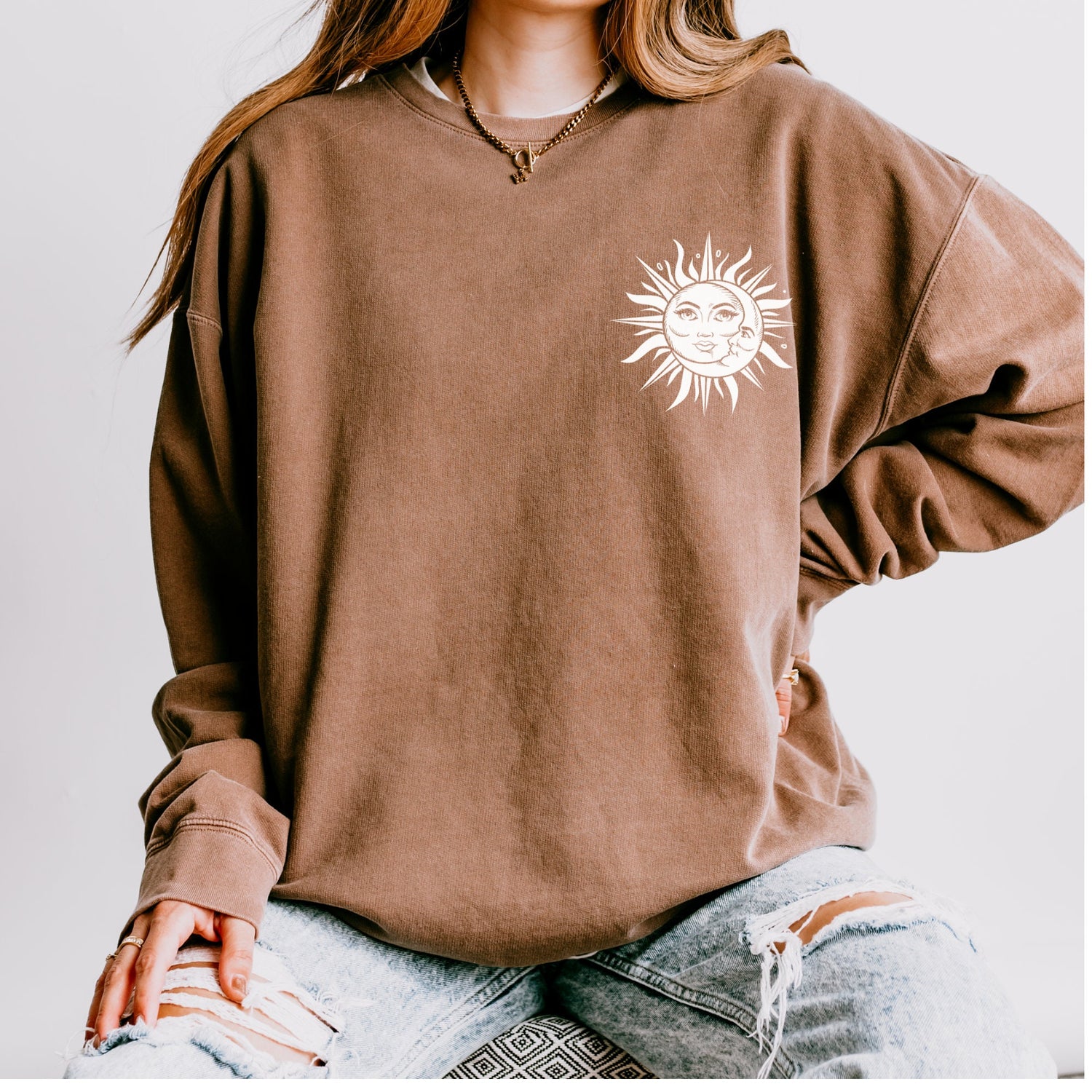 Unisex Lightweight Crewneck Sweatshirt, Sun Moon Tarot soft cozy casual everyday jeans celestial psychic realm inspired jean sweatshirt