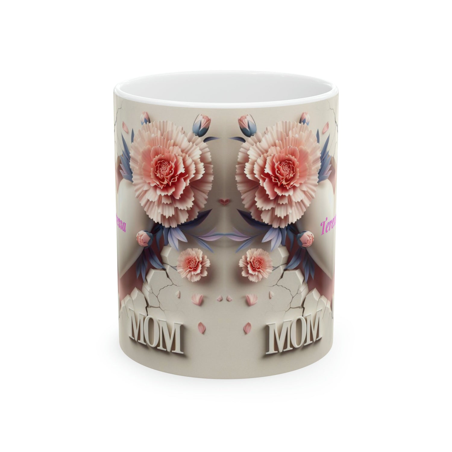 Ceramic Mug, 11oz, Personalized 3D Mom Mug, Pretty Pink Carnation Coffee Mug, Special Mothers Day Mug, Thoughtful Mom Gift